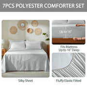 BedTreat Queen Comforter Set, 7-Piece Reversible Microfiber Bedding Set, All-Season Comforter with Flat Sheet, Fitted Sheet, Pillowcases, and Shams, White and Light Gray