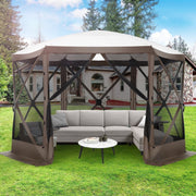 Hoteel H0044 12x12ft Pop-up Gazebo EZ Set-up Camping Canopy Tent with 6 Sides Mosquito Netting, Brown