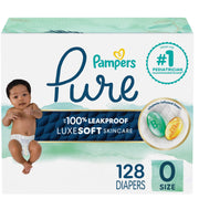 Pampers Pure Protection Baby Diapers, Size 0, Newborn Up to 10 lbs, 128 Count, Plant-Based Skin Protection, Hypoallergenic, Vitamin-Enriched Shea Butter Liner