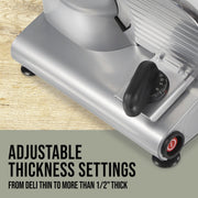 Mossy Oak Electric Meat Slicer, 7.5-Inch Serrated Stainless Steel Blade, Adjustable Thickness Dial, 150-Watt Motor, BPA-Free Food Pusher
