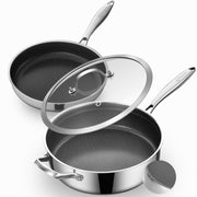 LOLYKITCH L-3PLY-H 7 Quarts Hybrid Ceramic Nonstick Tri-Ply Stainless Steel Saut Pan and 12 Inch Fry Pan Set with Lid, Induction Compatible, Dishwasher and Oven Safe, Detachable Handle, L-3PLY-H