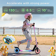 RCB R12 Kids Electric Scooter, 130W Motor, 3-Speed Settings, 6.5 Miles Range, Foldable Carbon Fiber Frame, LED Headlight and RGB Lights, Black