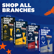 Dollar Shave Club 95240709 Navy Branch 6-Blade Shaving Set with Textured Diamond Grip Handle, Pivot Head, 2 Signature 6 Blade Razors, Built-In Precision Trimmer