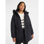 Time and Tru Women's Plus Hooded Anorak Jacket, Heavyweight Polyester, Mid-Length, Black Soot, Adjustable Waist, Removable Faux Fur Trim