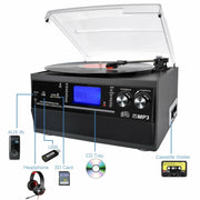Caymuller M503-FX 9-in-1 Retro Turntable w/Built-In Speakers, Bluetooth, AM/FM Radio, CD & Cassette Player, Black