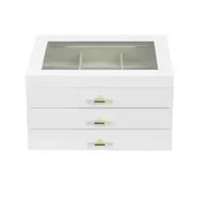 Hives and Honey 1321-694 Dani White Jewelry Box with Glass Top, 2 Drawers, Gold Acrylic Hardware, Ring Rolls, Divided Compartments, Anti-Tarnish Felt, 8.5 in