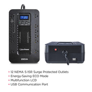 CyberPower Systems EC850LCD Ecologic UPS System, 850VA/510W, 12 NEMA 5-15R Outlets, LCD Display, ECO Mode, USB Communication, Black