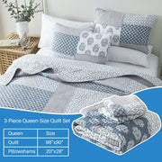 Bedduvit Quilt for King Bed - 100% Cotton Blue Gray Floral Real-Patchwork Plaid Striped Farmhouse King Quilt Bedspread  Reversible Modern Lightweight Quilt Set with Shams  3-Piece (98 x106 )