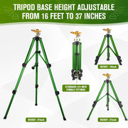 EB Esybol Impact Sprinkler on Tripod Base, Heavy-Duty Brass and Stainless Steel, 300 Degree Coverage, Adjustable Height 16-37 in, Green, SSQ-1