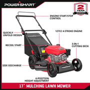 PowerSmart DB8617P 3-in-1 Gas Push Lawn Mower 17-inch 144cc Engine, 6-Position Height Adjustment