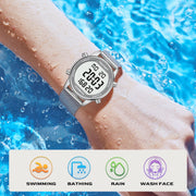 Hearkent Women Pedometer Watch, Step Tracker with Calories Counter, Large LCD Display, 30M Waterproof, Alloy Metal Case, Silver