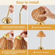 Lofter-Pro Boho Rattan Bedside Table Lamp, Cordless Battery Operated Touch LED, Gold Finish
