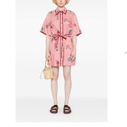 International Selection Women Floral Cotton Linen Casual Dress, Short Sleeve, Tie Waist, Pink