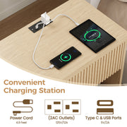 IDEALSOUL Nightstand Set of 2, 24in Fluted Wooden Bedside Tables with Charging Station, Drawer and Open Storage, Natural Oak