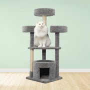 SportPet Designs Kitty City Upholstered Multi-Level 54-Inch Indoor Cat Tree with Plush Carpet, Natural Sisal Scratching Posts, Multiple Perches, Gray