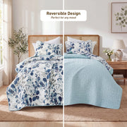 Regency Heights Full/Queen Botanical Quilt Set, 3-Piece Reversible Blue Floral and Polka Dot Coverlet Bedding with Shams, Lightweight All-Season RH14-0608