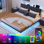Neche Floating Upholstered Queen Platform Bed Frame with LED Lights, Charging Station, Hidden Storage, Gray