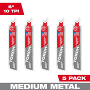 Milwaukee Reciprocating Saw Blade, 6 in, 10 TPI Torch Carbide Teeth Metal Cutting, 5-Pack, 48-00-5551
