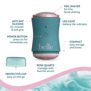 Belle 3860 Women's Electric Facial Shaver with Rose Quartz Massager, 2 Dermaplaning Razors, Rechargeable, Teal, 3860