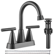 Heemli 4-Inch Matte Black Bathroom Sink Faucet, Lead-Free Stainless Steel, 2-Handle Centerset with Pop-Up Drain and Dual Supply Hoses