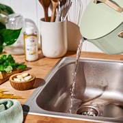 Beautiful 18-Piece EverGood Ceramic Nonstick Cookware Set with Strainer Lids, Gold-Finished Handles, Sage Green, 29334