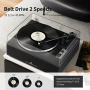 Angels Horn H019-BK Bluetooth Turntable Hi-Fi Vinyl Record Player with Built-In 4 Stereo Speakers, Natural Wood Finish