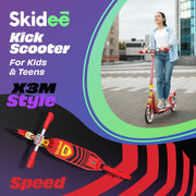 Skidee X3M Kick Scooter, Adjustable Handlebar Up to 41 in, Dual Suspension, 8-Inch PU Wheels, Foldable Lightweight Aluminum Frame, Red