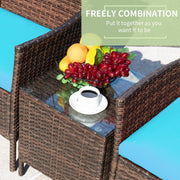 Devoko Patio Conversation Set, 3 Pieces Outdoor Wicker Bistro Chairs with Tempered Glass Coffee Table, Brown and Blue