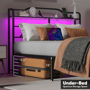 NISIEN Queen Size Bed Frame with LED Storage Headboard, RGB Lights, Charging Station, Metal Platform, Black