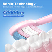 JTF P200 Sonic Electric Toothbrush for Adults and Kids, 5 Modes, 40,000 VPM, IPX7 Waterproof, Wireless Charging, 6 Brush Heads, Pink, Travel Case