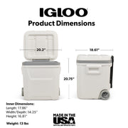 Igloo 60 QT Marine Wheeled Ice Chest Cooler, White, 60 Quart, Marine-Grade Durability, 50798