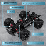 AUOSHI 1613 1:16 Brushless Remote Control Car, 40+ MPH Off-Road RC Truck, 4WD All-Terrain, Dual Batteries, LED Lights, Waterproof, Full Metal Drive Shaft, Black