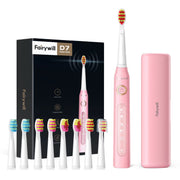 Fairywill FW-ET507Pink-420-8BH-US Ultrasonic Rechargeable Electric Toothbrush with 8 Duponts Brush Heads 5 Modes