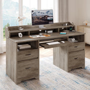 Bestier Farmhouse Executive Desk, 59 in Wood Computer Desk with Charging Station, Keyboard Tray, Monitor Stand, File Cabinet, Gray, H106715SUS-GRYW