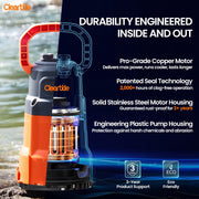 Cleartide Utility Pump, 8160 LPH Submersible Water Pump, 100% Copper Motor, Handles 1/8 Inch Solids, Dual Discharge Ports, 10 Ft Cord, Orange