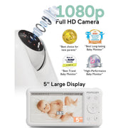 Momcozy Video Baby Monitor, 1080P HD, 5-Inch Screen, Infrared Night Vision, 360 Pan and Tilt, Wireless, White, BM01