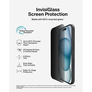 Belkin ScreenForce Privacy InvisiGlass Screen Protector for iPhone 16 Pro Max, Ultra-Thin 9H Scratch Resistant Glass, Black, Includes Easy Align Tray