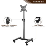 YOMT Modern Metal Rolling TV Cart Stand for 13 to 43 Inch TVs, Lockable Wheels, Height Adjustable, Tilt Screen, Black, MT1004-Z