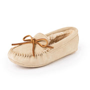 Minnetonka Womens Suede Moccasin Slippers, Pile Lined, Adjustable Rawhide Lace, Stone, Size 9