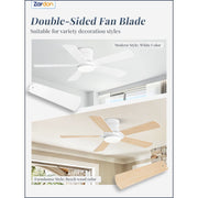Zardon Ceiling Fan, 42in Flush Mount, 6 Speeds, Remote Control, Multi-Color LED Light, White Blades, Modern Indoor, F-XS42BK-1X01
