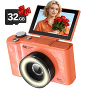 W & O Q5 Point & Shoot Digital Camera, 64MP, 4K UHD Video, 180 Flip Screen, Built-In Ring Light, 16X Digital Zoom, Orange