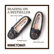 Minnetonka Cally Thunderbird Animikii Women's Slippers, Genuine Suede Upper, Plush Pile Lining, Rawhide Lace, Rubber Outsole, Charcoal, Size 6 M