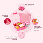 PoppiKids Bento Lunch Box Set with 4-Section Leak Proof Container, Insulated Stainless Steel Thermos Food Jar, Spoon and Fork Utensils, Insulated Lunch Bag, Pink