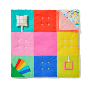Lovevery Anytime Activity Mat, Double-Sided Portable Baby Play Mat with Silicone Teether, Sound Pillow, Crinkle Flap, Ribbons, Multicolor, Lightweight