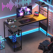 RSPGAME 57 Inch Reversible L-Shaped Gaming Desk with RGB LED Lights, Extra Large Surface, H-Style Display Shelf, Headphone Hook, Black