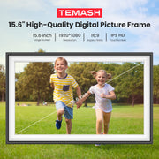 TEMASH 64GB Digital Photo Frame, 15.6 Inch FHD IPS Touchscreen, WiFi Enabled, Auto Rotate, Black with White Mat