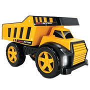 Maxx Action Steel Dump Truck Toy, 16in, Motorized Dumping Bed, Lights and Sounds, Metal and Plastic Construction, Yellow and Black