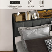 SUNNY HEAT Bedframe with King Size Soft Headboard and Charging Stations, Log Brown, King Size