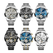 OLEVS 6619 Men's Luxury Dress Automatic Mechanical Watch, Blue Dial with Diamond Accents, Skeleton Tourbillon, Stainless Steel Band