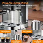 Plum Chef Espresso Machine, 20 Bar Pressure, Silver, Milk Frother Steam Wand, 54oz Water Tank, Low Noise Fast Brew